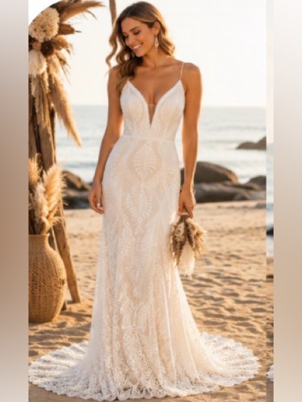 Elegant Spaghetti-Strap Lace Wedding Dress in Ivory